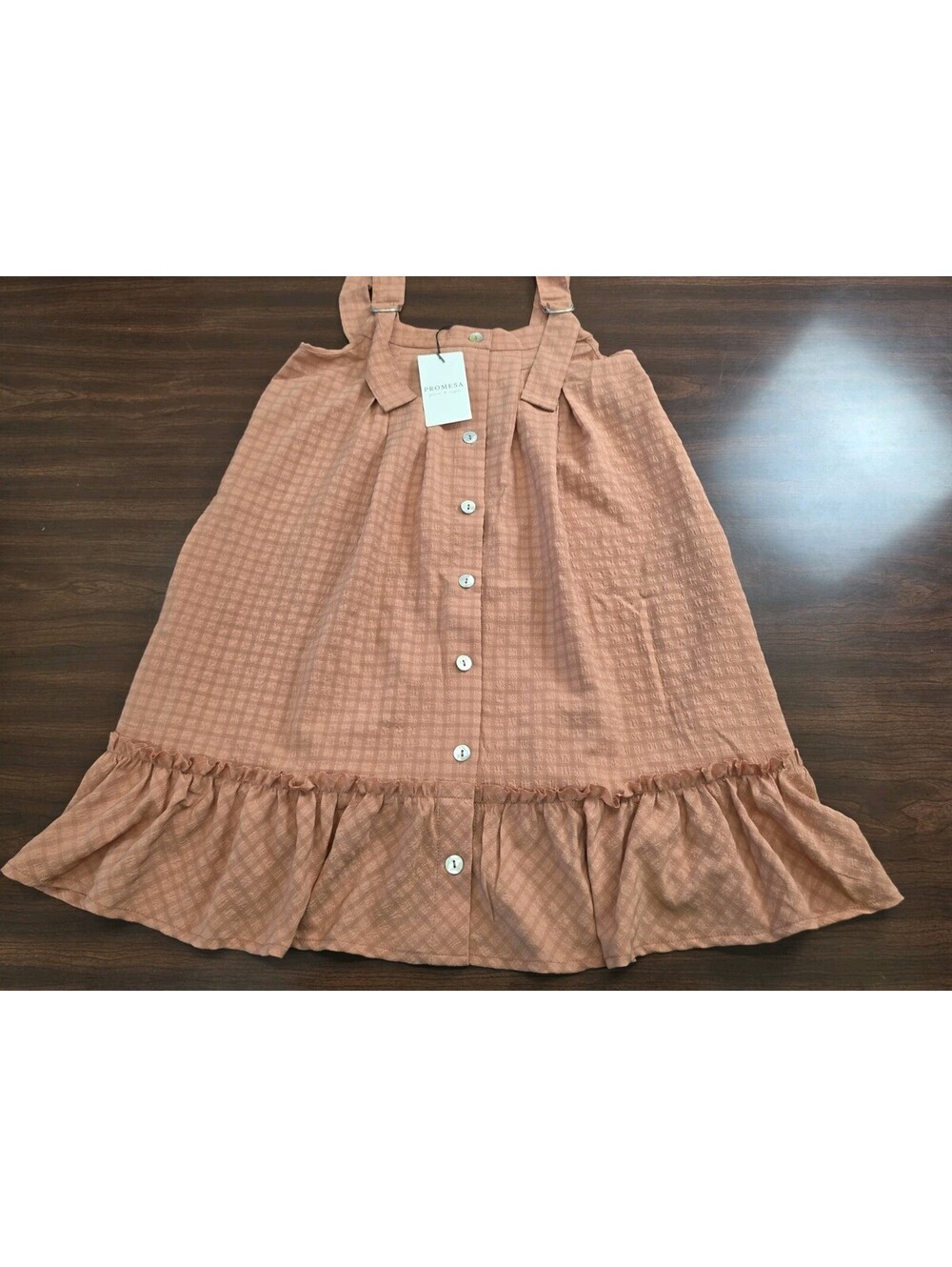 NWT Promesa Brown Gingahm Button Front Ruffle Dress Small Pockets Coquette Chic